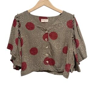 Bombay & Paisley Polka Dot Women M Brown Red Blouse Cropped Boxy Flutter Sleeve